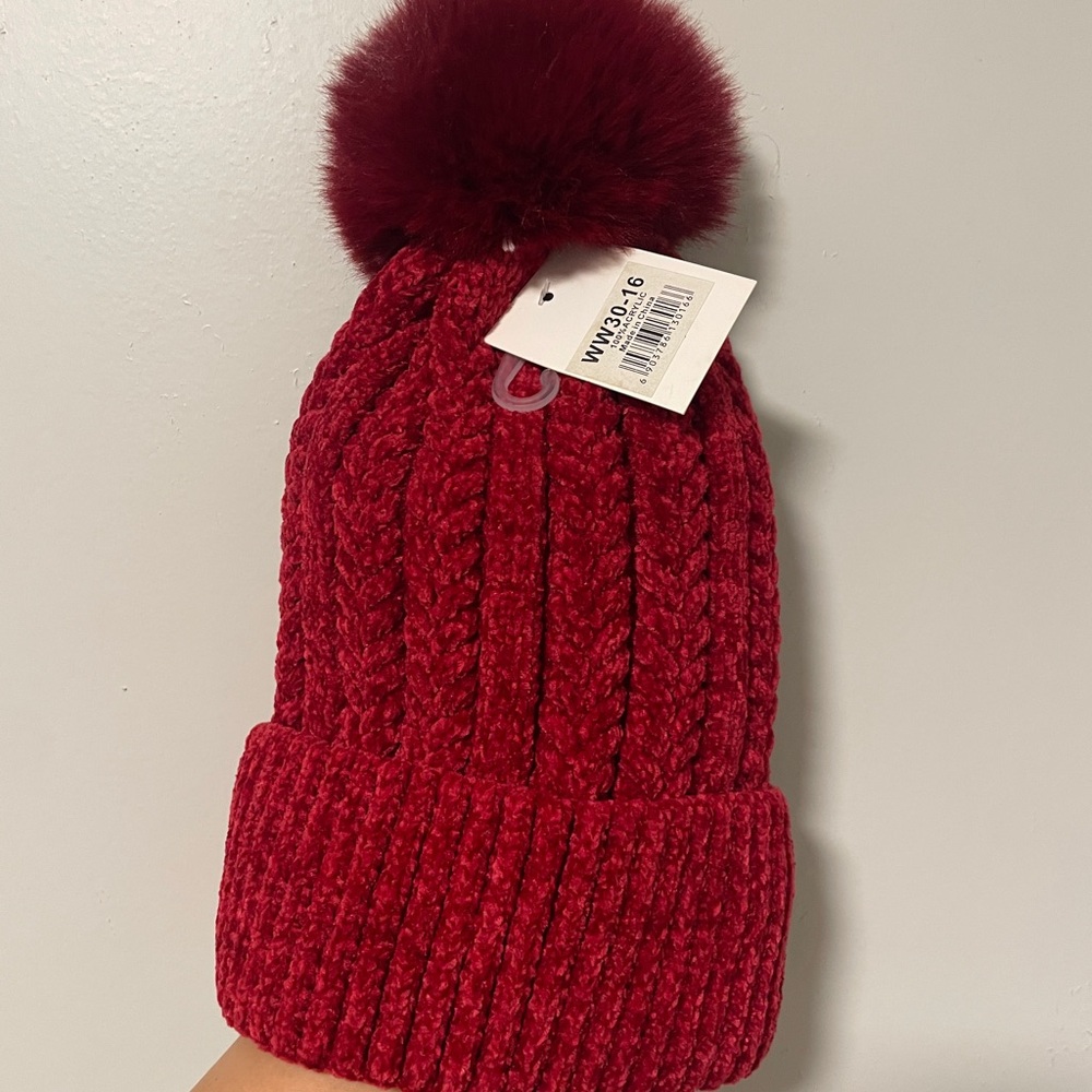 Red Knit Beanie with Pom Pom